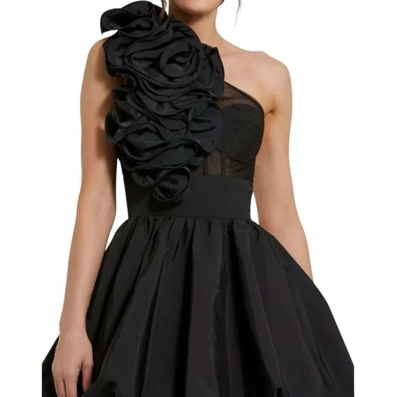 Mac Duggal Black Taffeta Bubble Hem Mini Dress Sz 6 Structured Rosette Shoulder - Picture 2 of 16